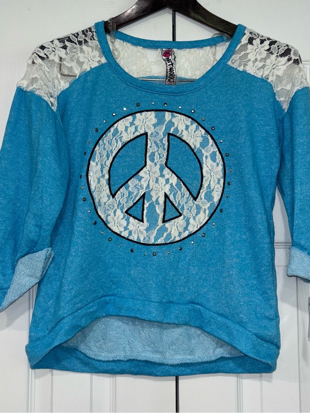 NWT Knitworks Girls Blue Lace Peace Sign Sweatshirt XL
